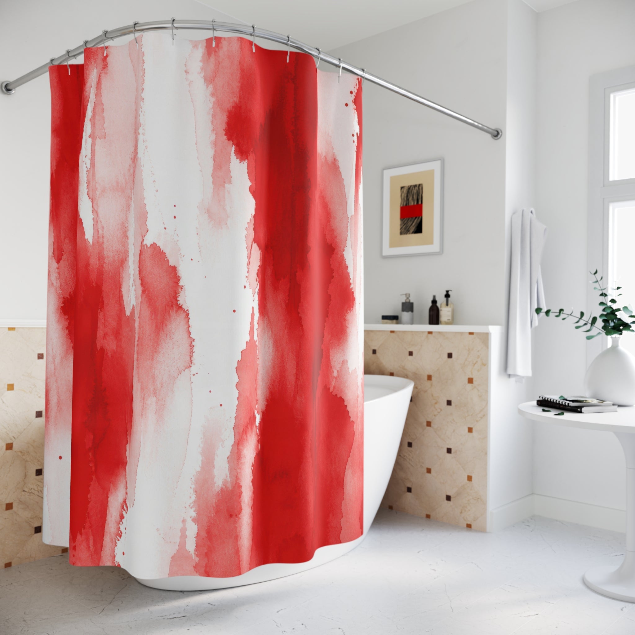 Abstract Shower Curtain, Red and White Watercolor Stripe Art, Painterly Modern Bath Decor, Soft Bold Guest Bathroom Accent, Art Bath Style
