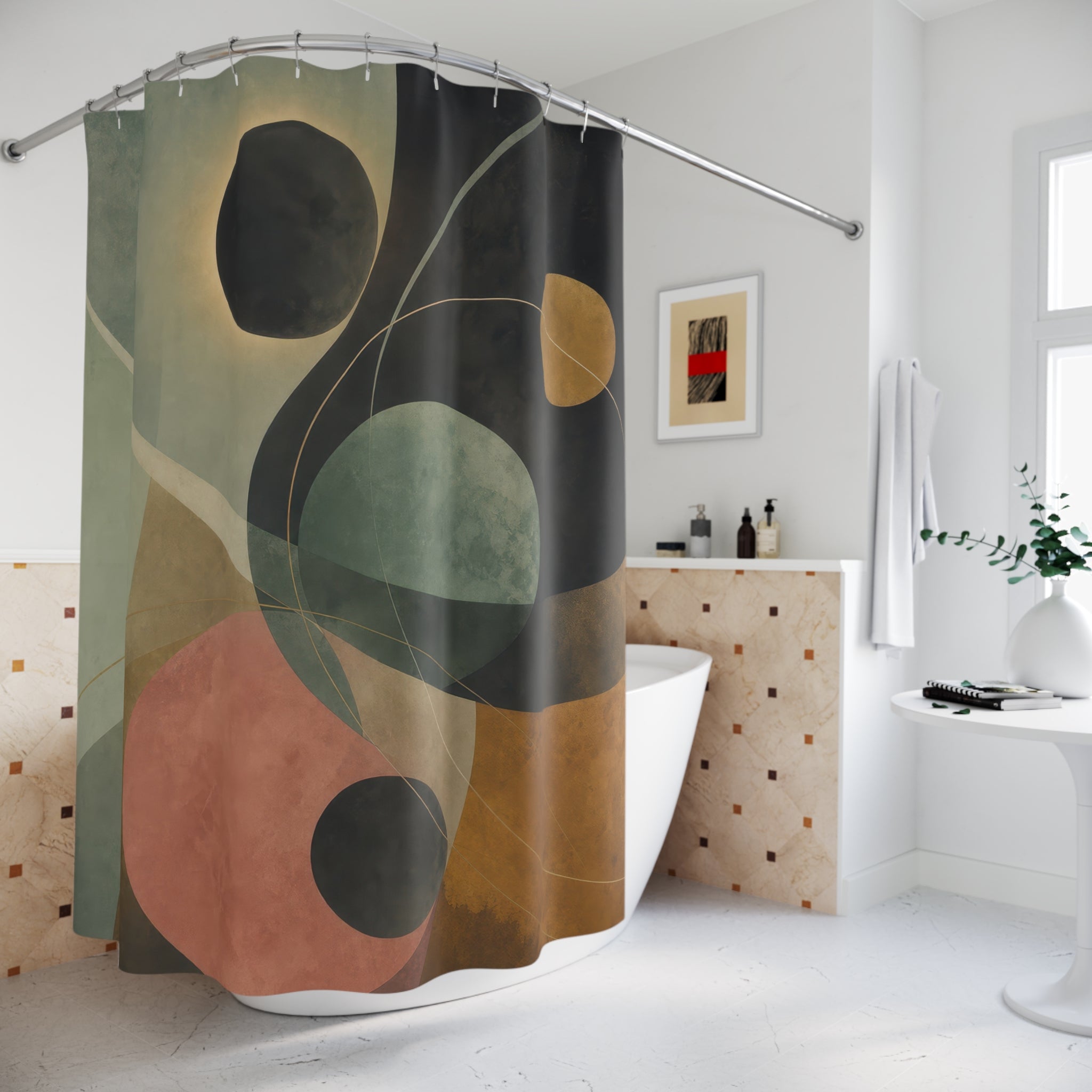 Celadon & Ochre Modern Orbital Shower Curtain