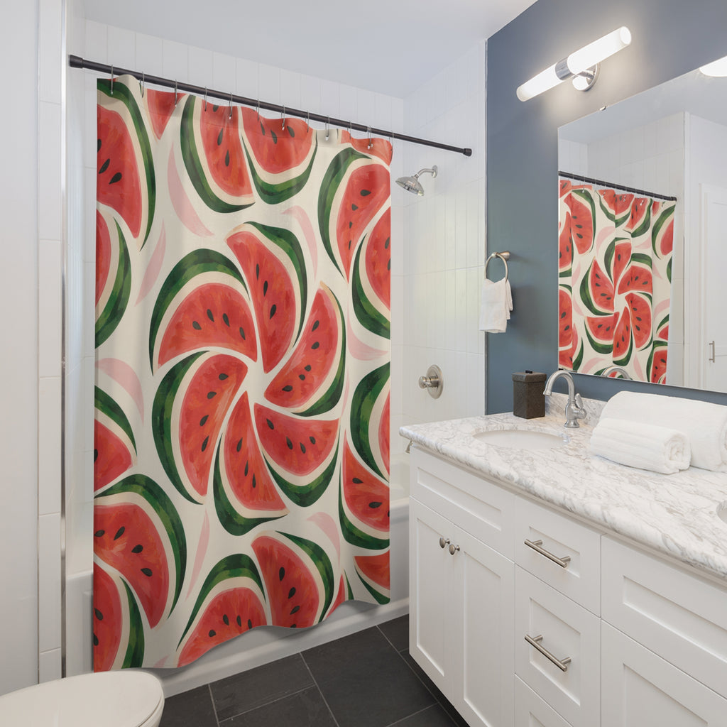 Coral-red watermelon pinwheels with green rinds on cream shower curtain beside a white vanity