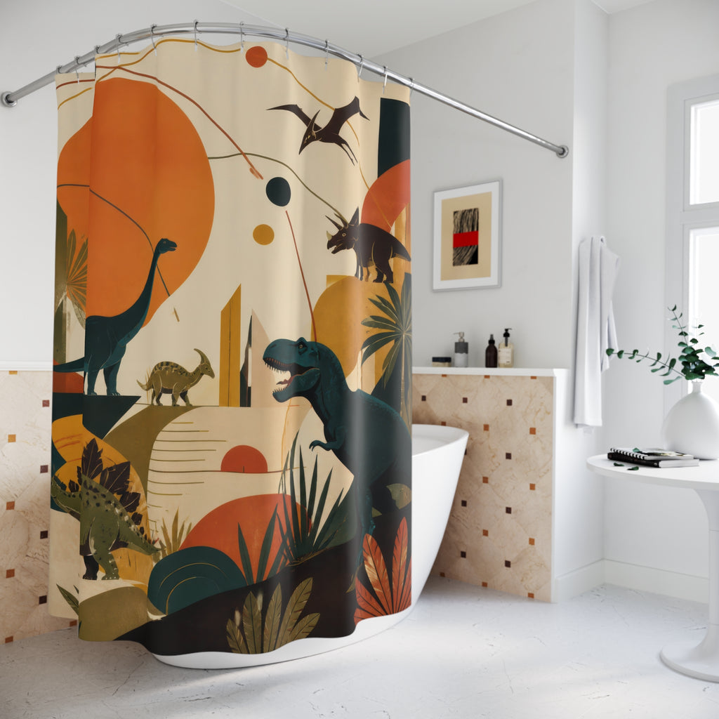 Mid Century Geometric Dinosaur shower curtain beside a freestanding tub