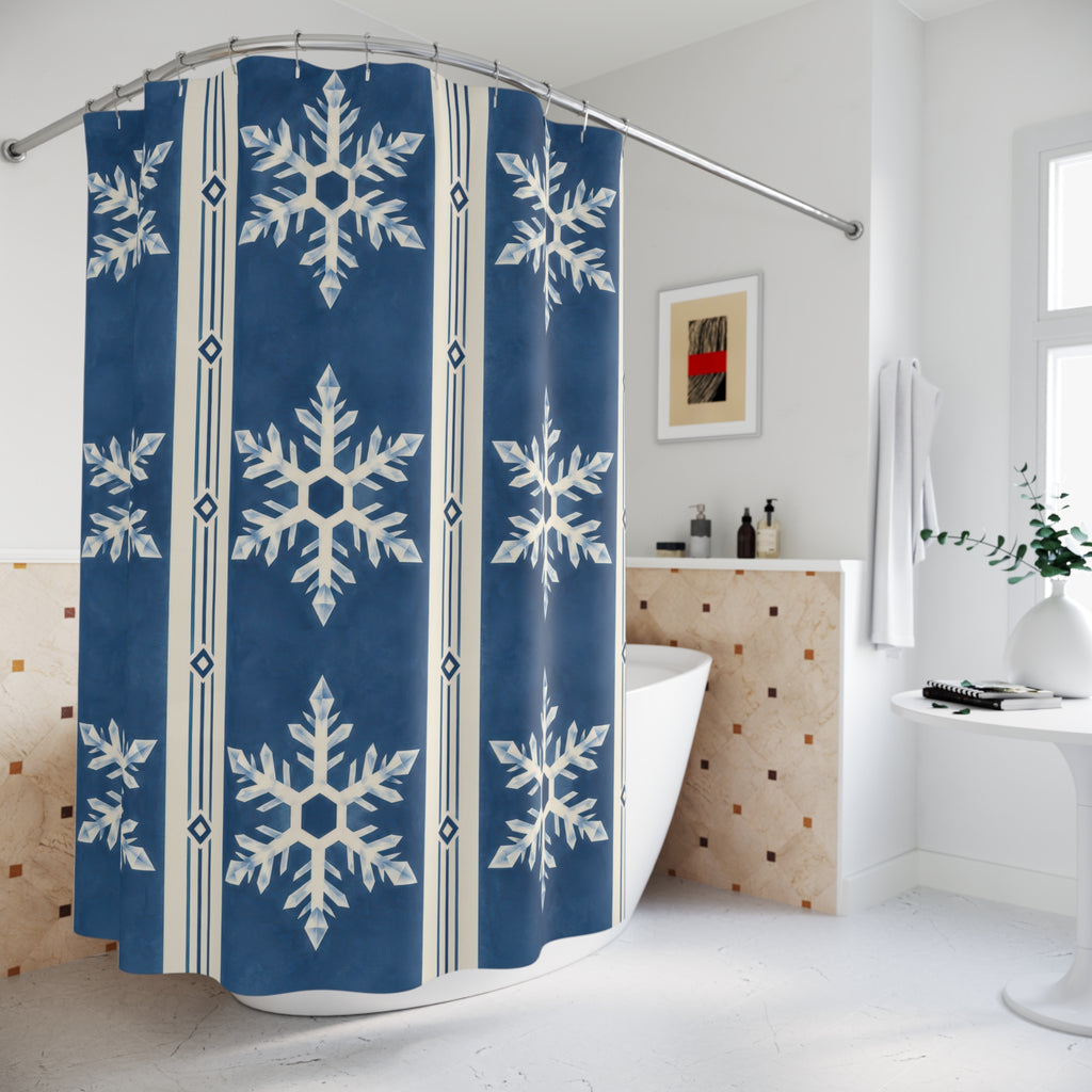 Indigo striped white snowflakes shower curtain beside a freestanding tub