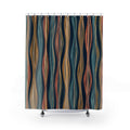 Ochre coral and teal wavy vertical contours on deep navy shower curtain with full front view