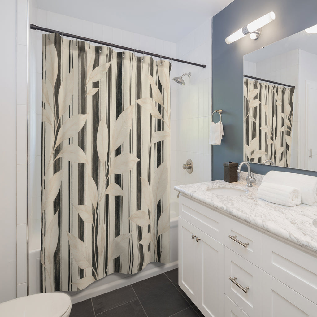 Cream Leaf Pinstripe Shower Curtain