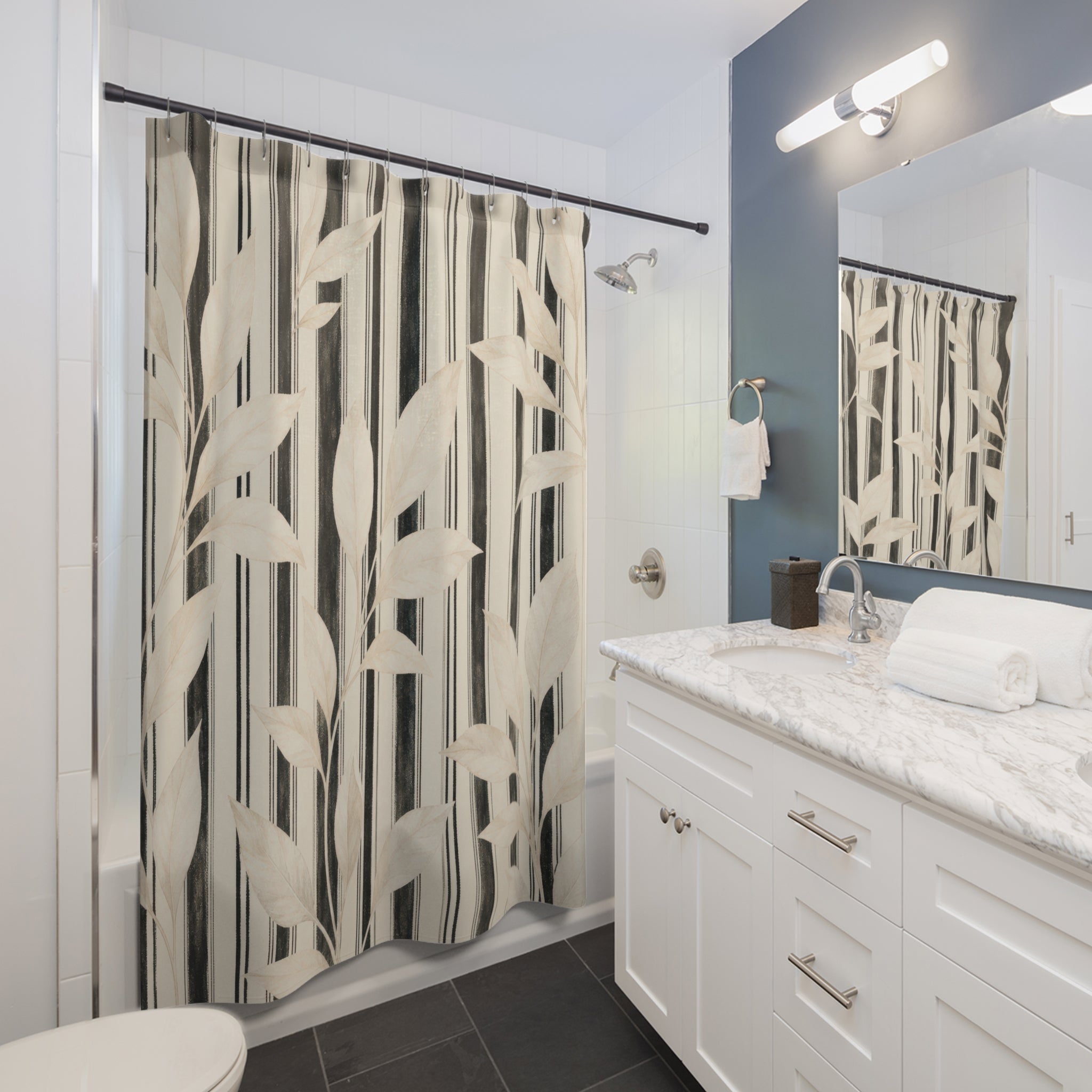 Cream Leaf Pinstripe Shower Curtain