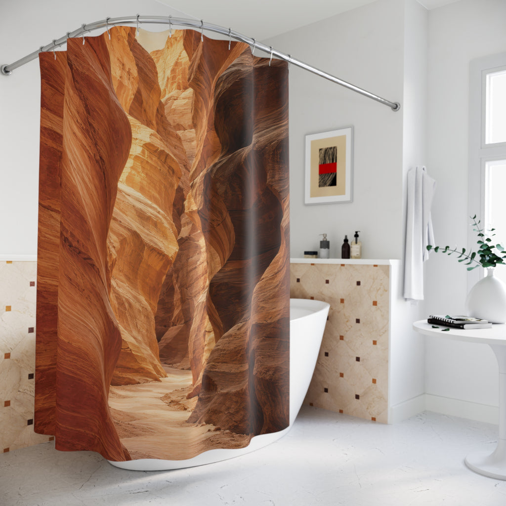 Terracotta sandstone canyon with a pale winding passage shower curtain beside a freestanding tub