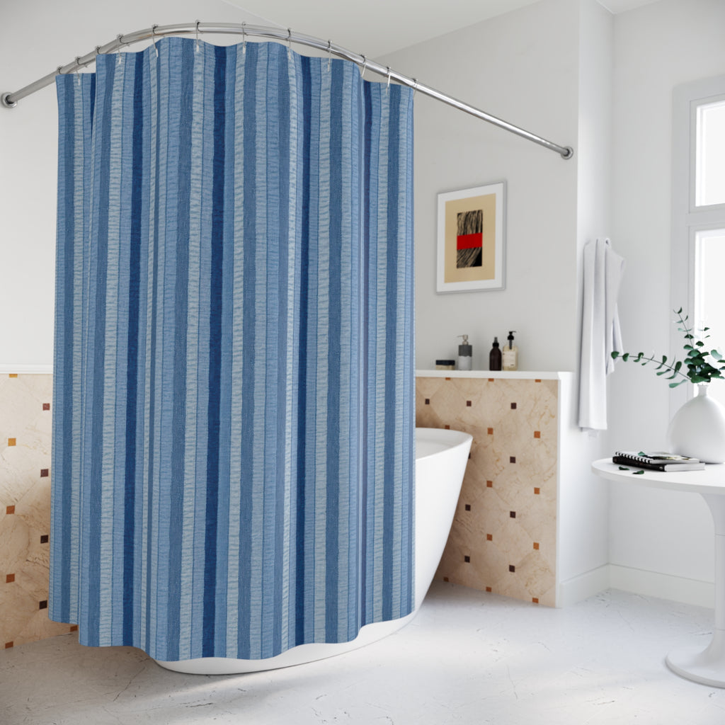 Pale Denim Navy Fine Stripe Shower Curtain