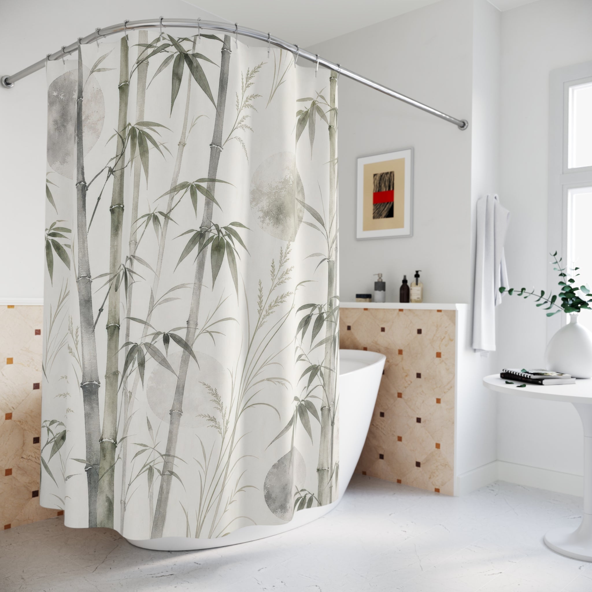 Sage Bamboo Shower Curtain, Sage Green Nature Bathroom Decor, Bamboo Botanical Bath Curtain, Guest Bath Decor, Small Bathroom Decor