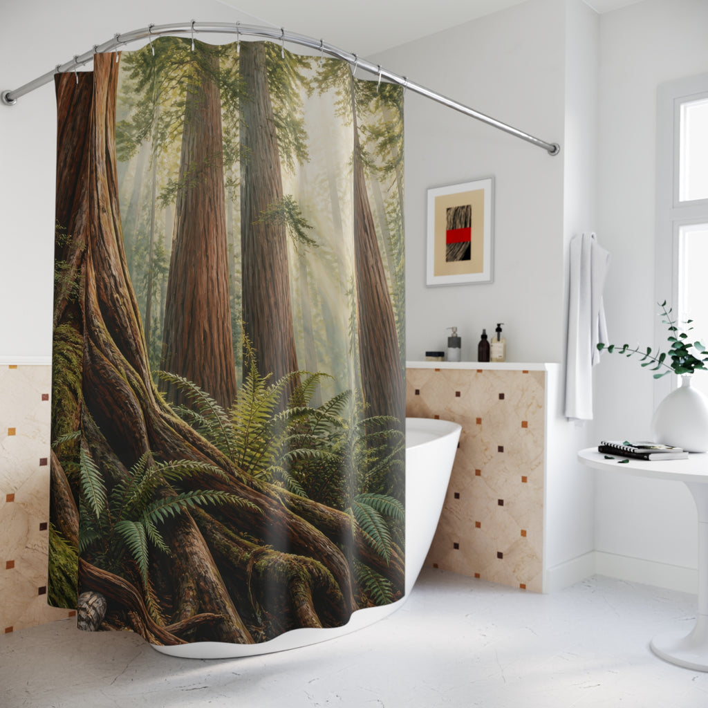 Sunlit redwood grove with ferns and wildflowers shower curtain beside a freestanding tub
