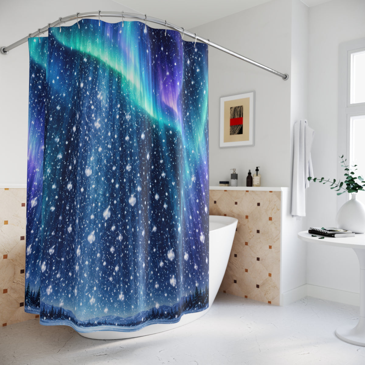 Aurora night snowfall shower curtain beside a freestanding tub