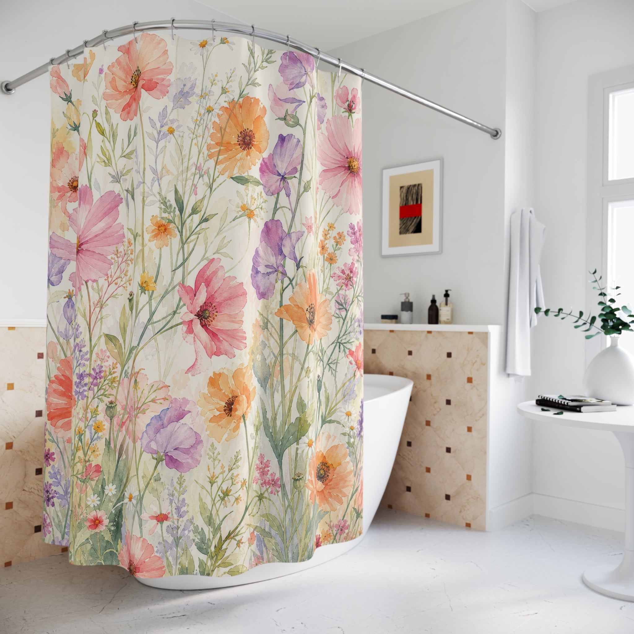 Pink Coral Wildflower Meadow Shower Curtain