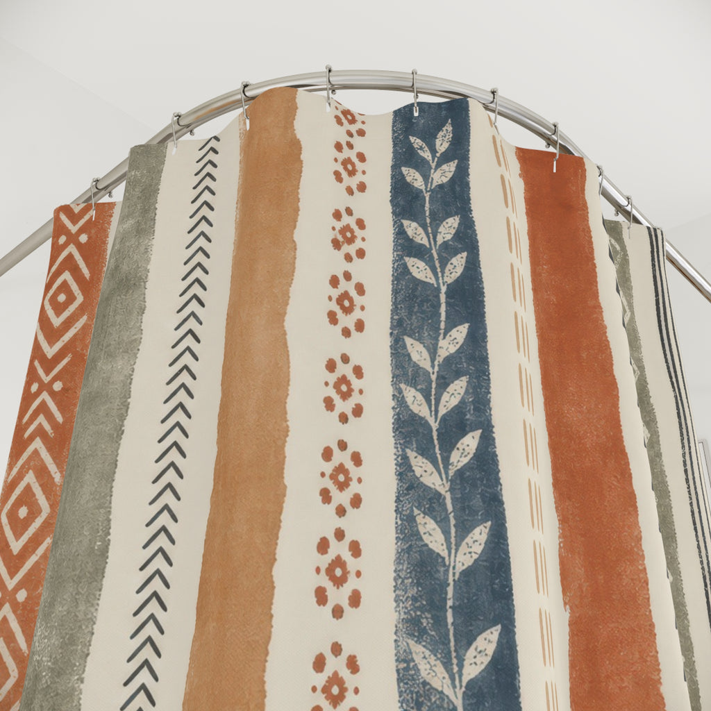 Terracotta Sage Blue Geometric Stripe Shower Curtain