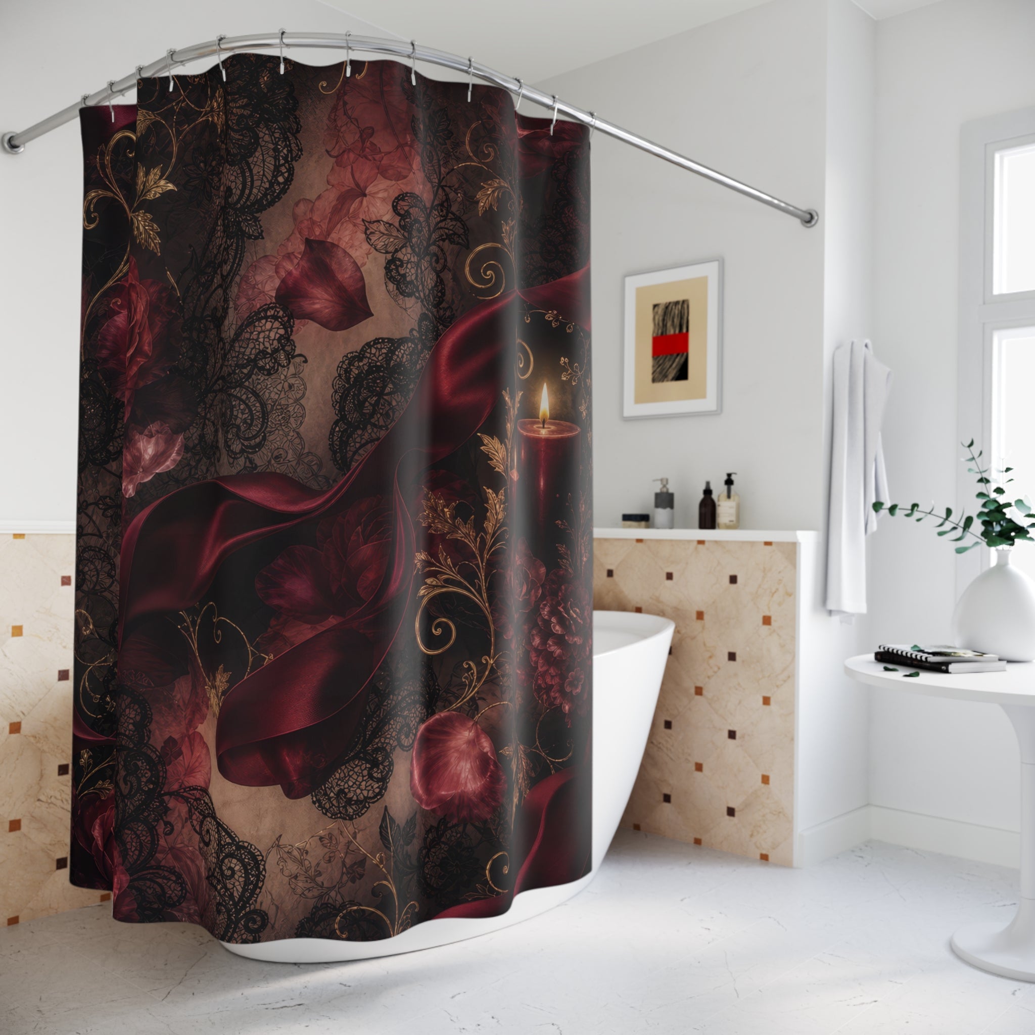 Romantic Rose Abstract Burgundy Lace Shower Curtain