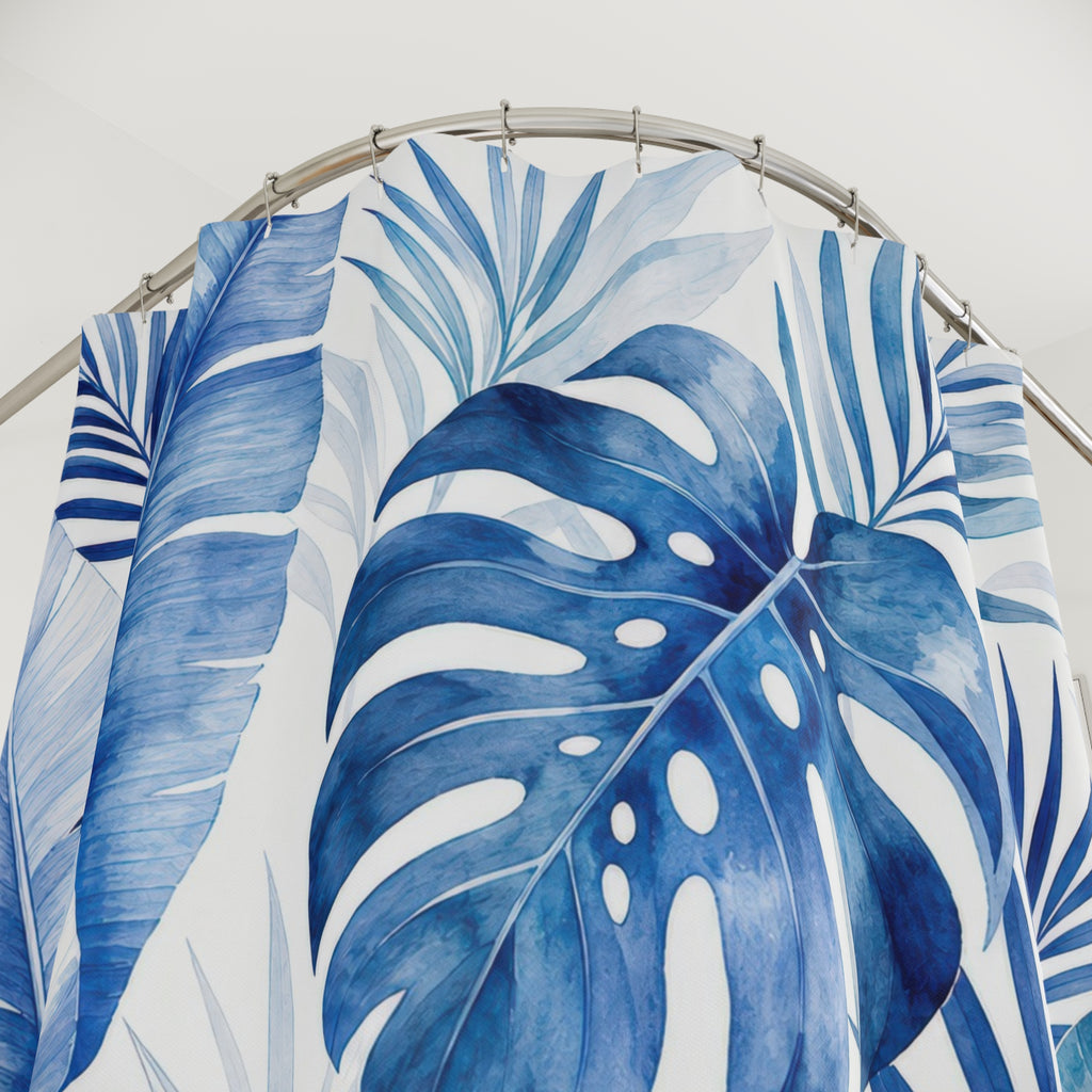 Blue Tropical Leaf Shower Curtain, Blue White Coastal Bathroom Decor, Tropical Leaf Bath Curtain, Guest Bath Decor, Small Bathroom Decor