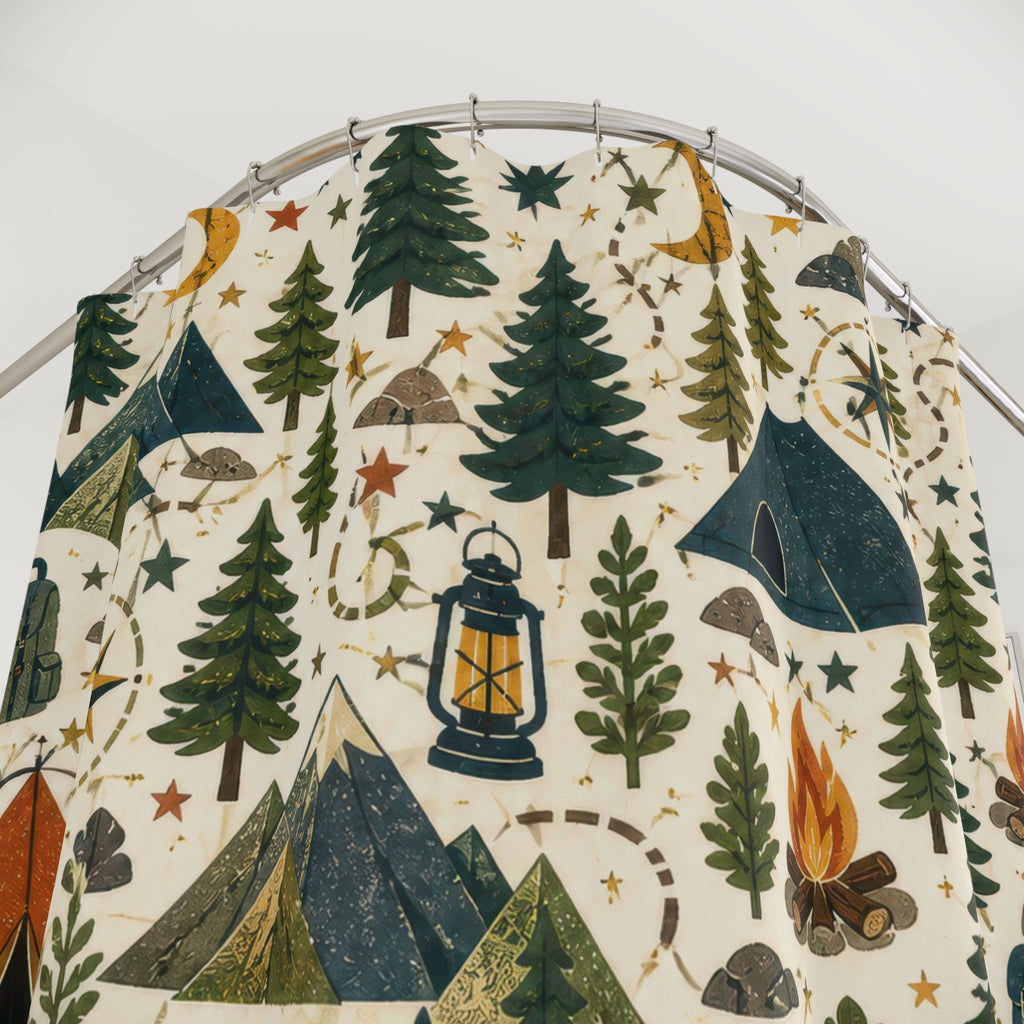 Camping Shower Curtain, Mountain Cabin Kids Bathroom Decor, Tent and Pine Tree Bath Curtain, Outdoorsy Boys Bathroom Art, Cabin Bath Decor