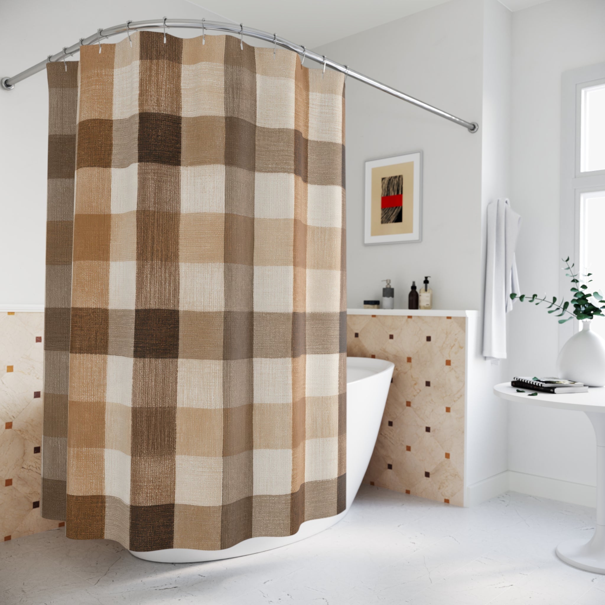 Brown Beige Gingham Check Shower Curtain