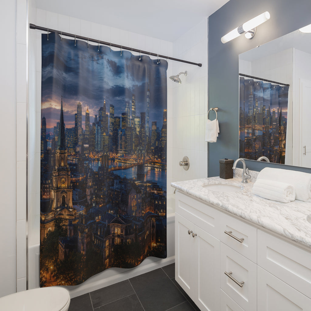 City Skyline Shower Curtain: Navy Blue Night