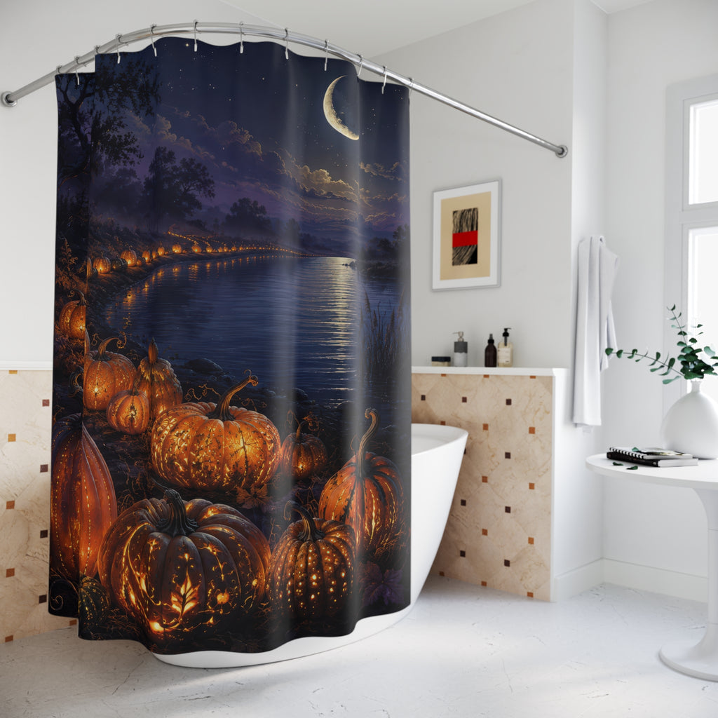 Moonlit pumpkin river landscape shower curtain beside a freestanding tub