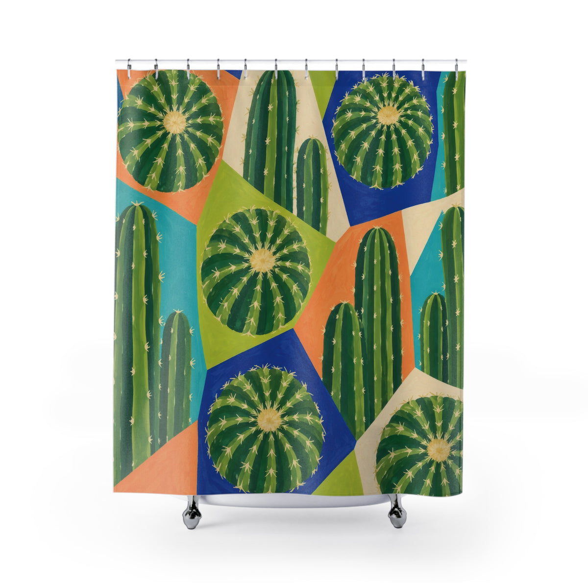 Green barrel and column cactus in colorful geometric panels shower curtain with full front view