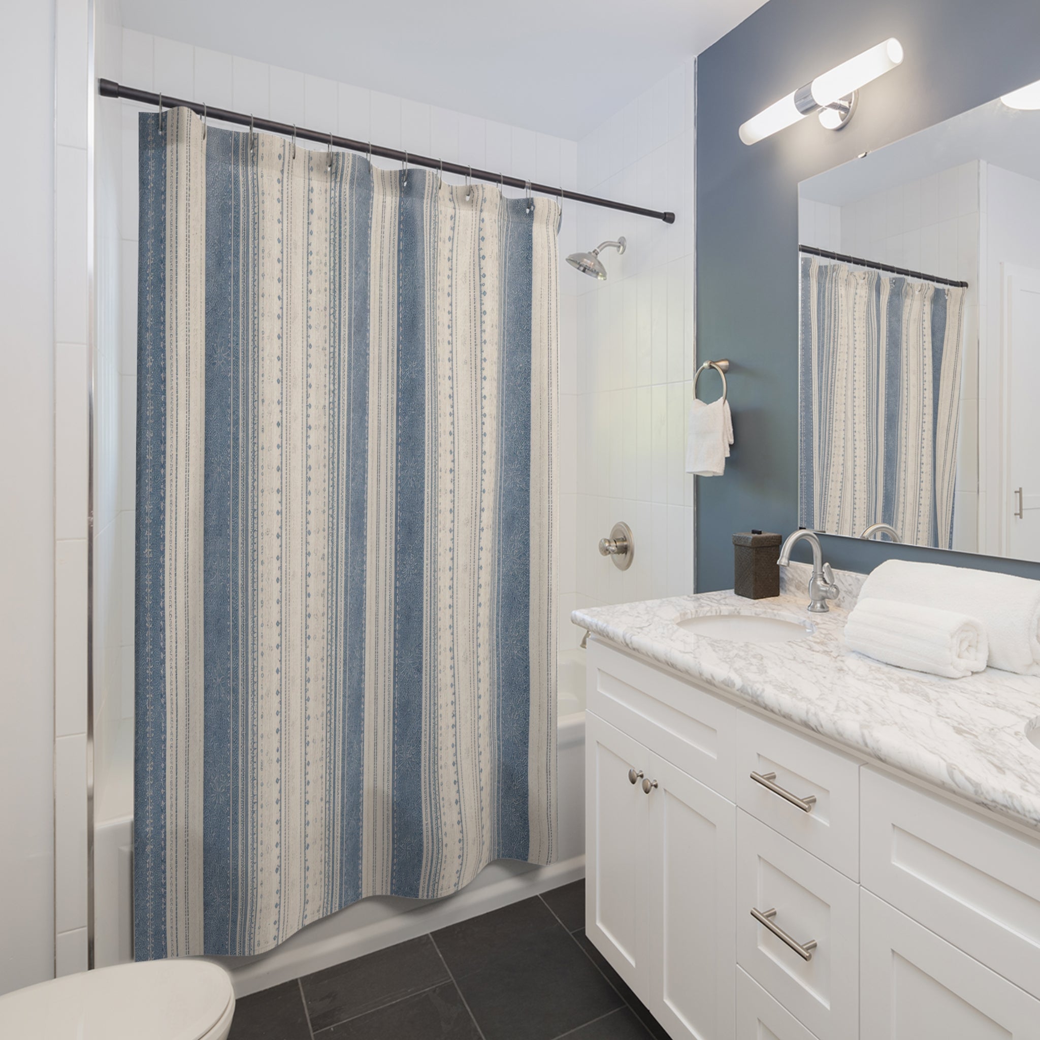 Blue French Farmhouse Stripe Shower Curtain
