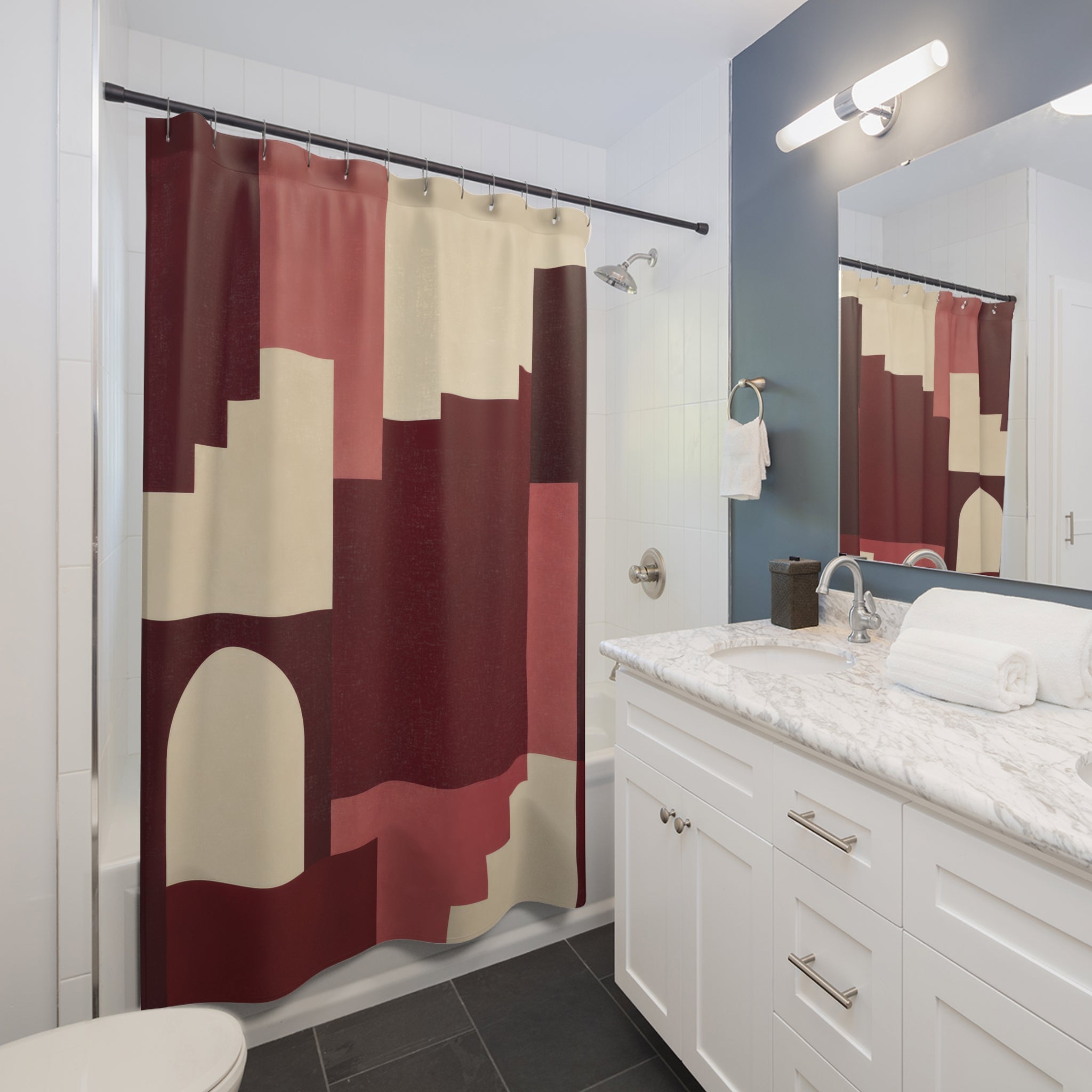 Burgundy Geometric Color Block Shower Curtain