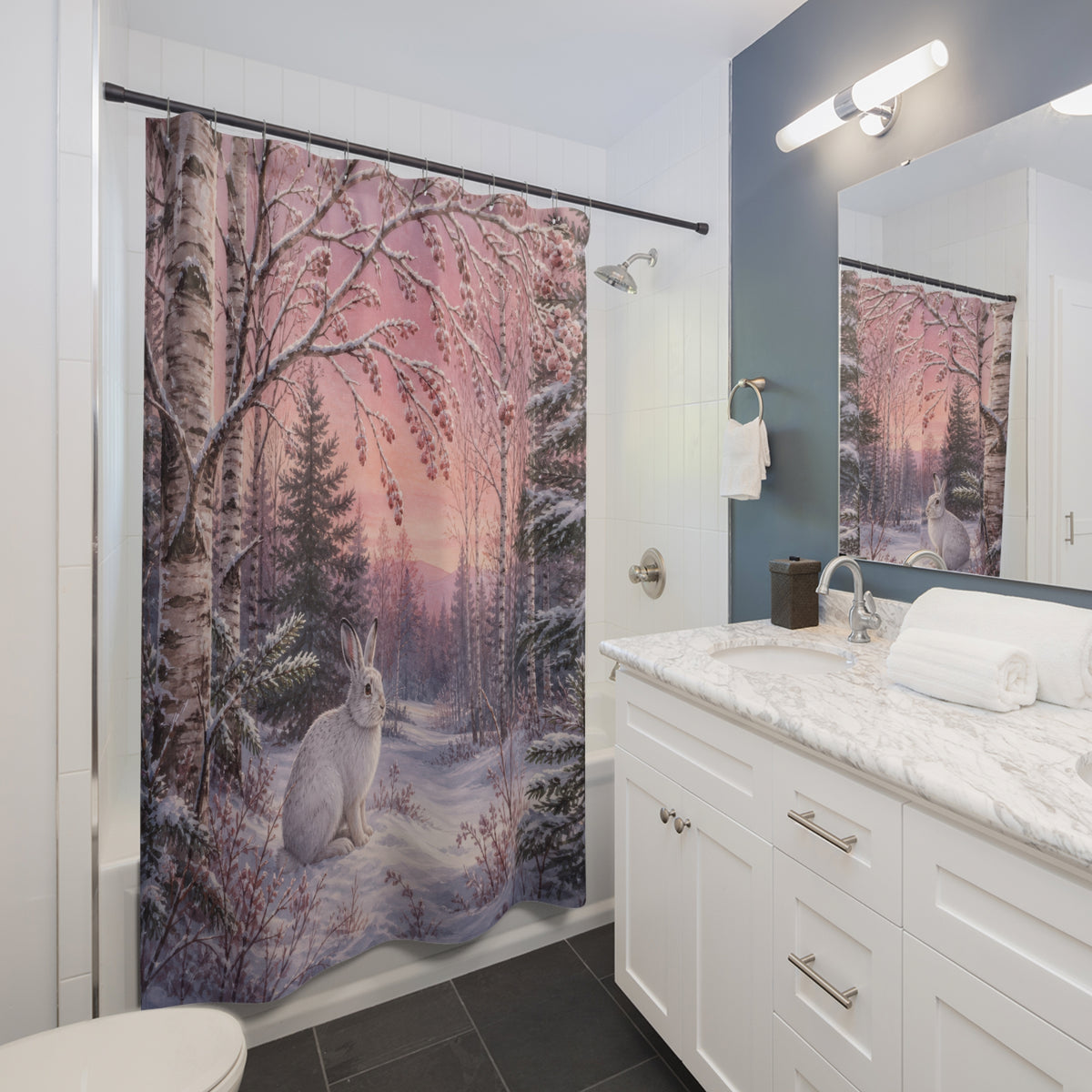 Winter woodland snowshoe hare among birches shower curtain beside a white vanity