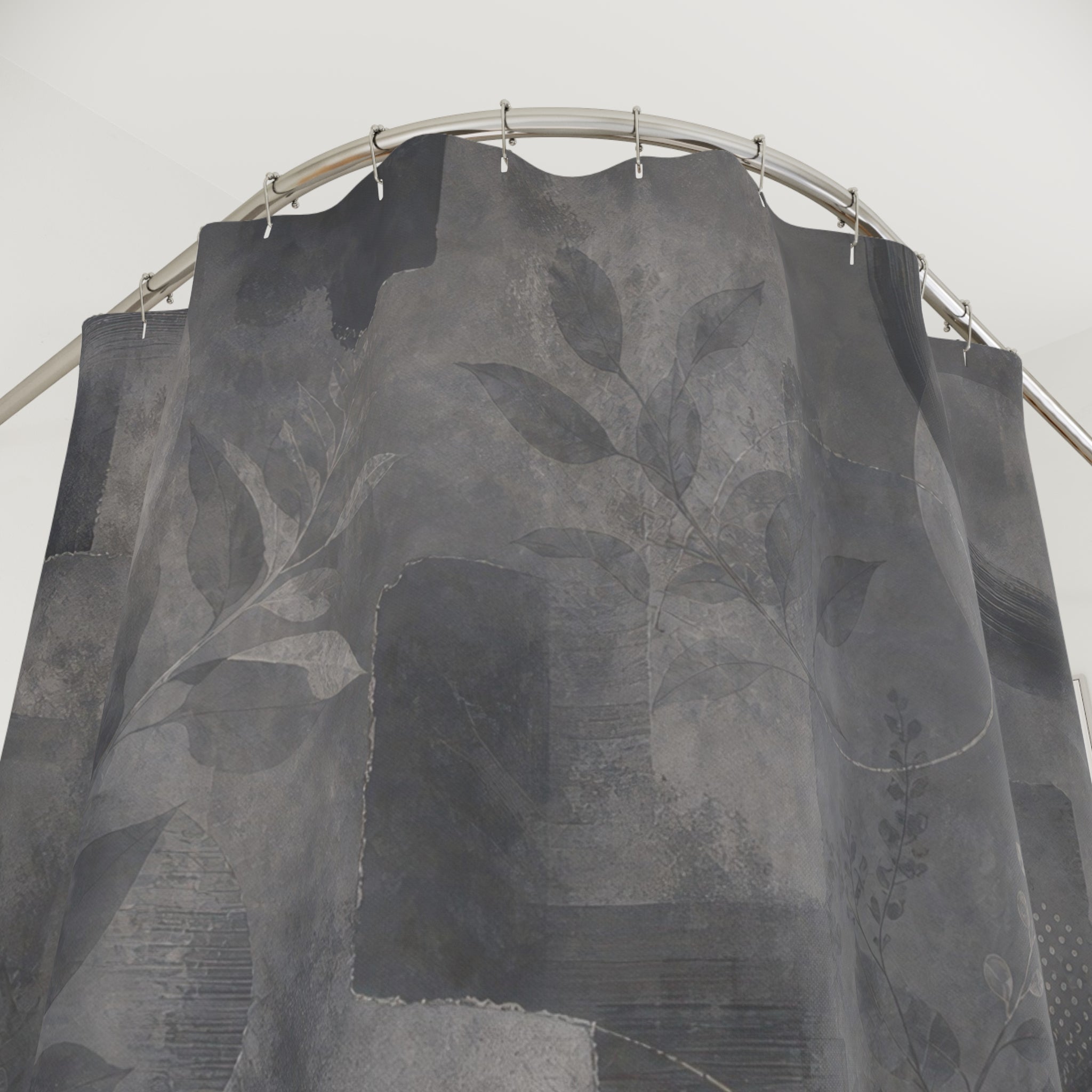 Abstract Shower Curtain, Gray Geometric Bath Decor, Botanical Collage Pattern, Modern Guest Bathroom Decor, Dark Neutral Collage Style