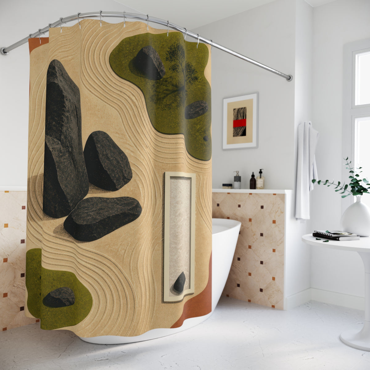 Abstract overhead map of raked gravel, moss, and stones shower curtain beside a freestanding tub
