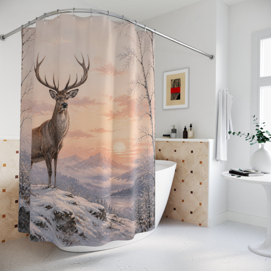 Stag on snowy birch ridge shower curtain beside a freestanding tub