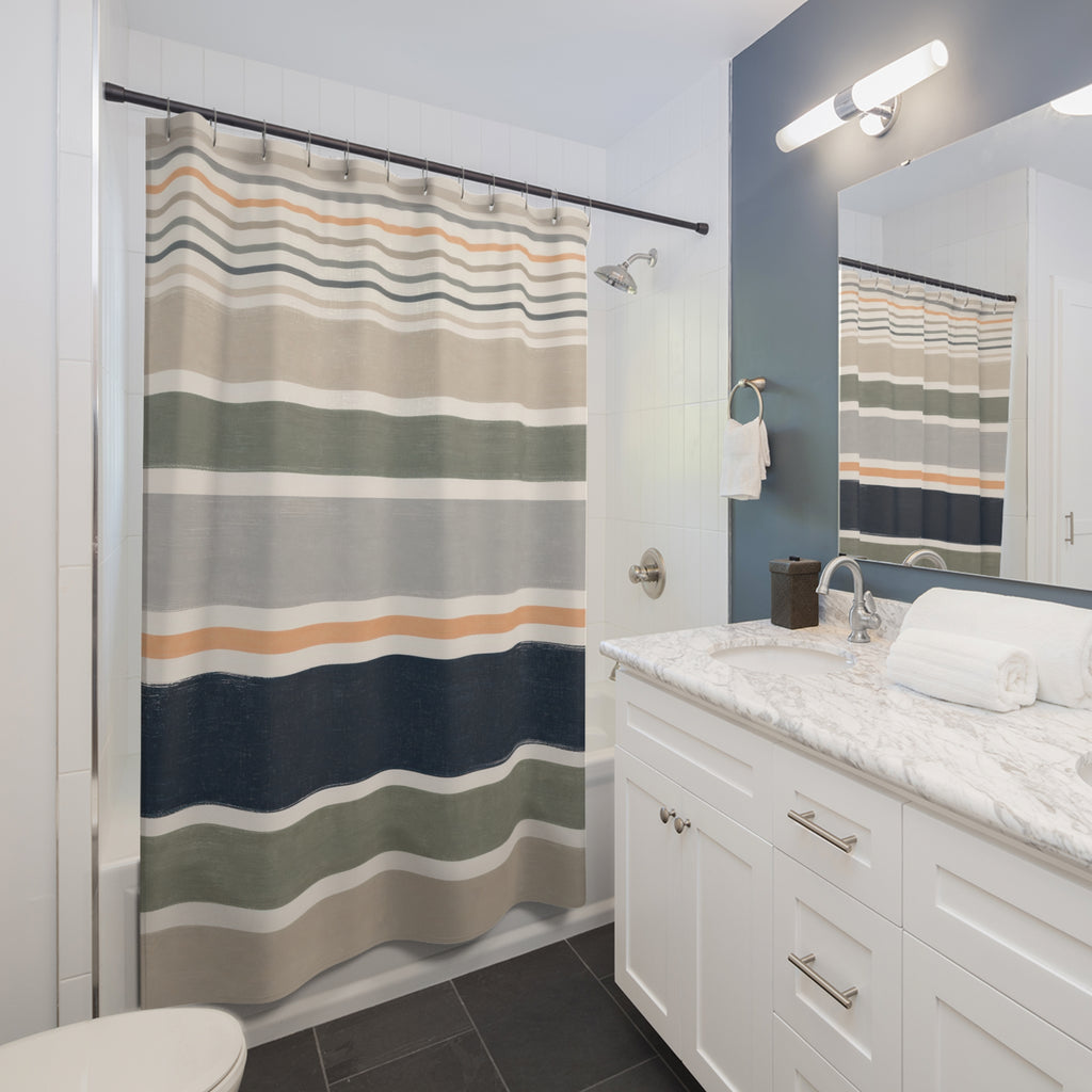 Navy Sage Horizontal Band Shower Curtain
