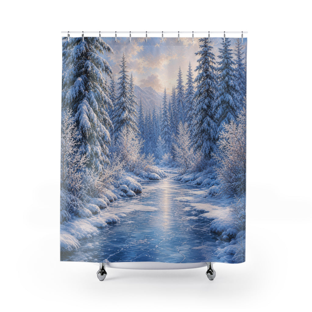 Snowy Spruce Frozen Creek Shower Curtain