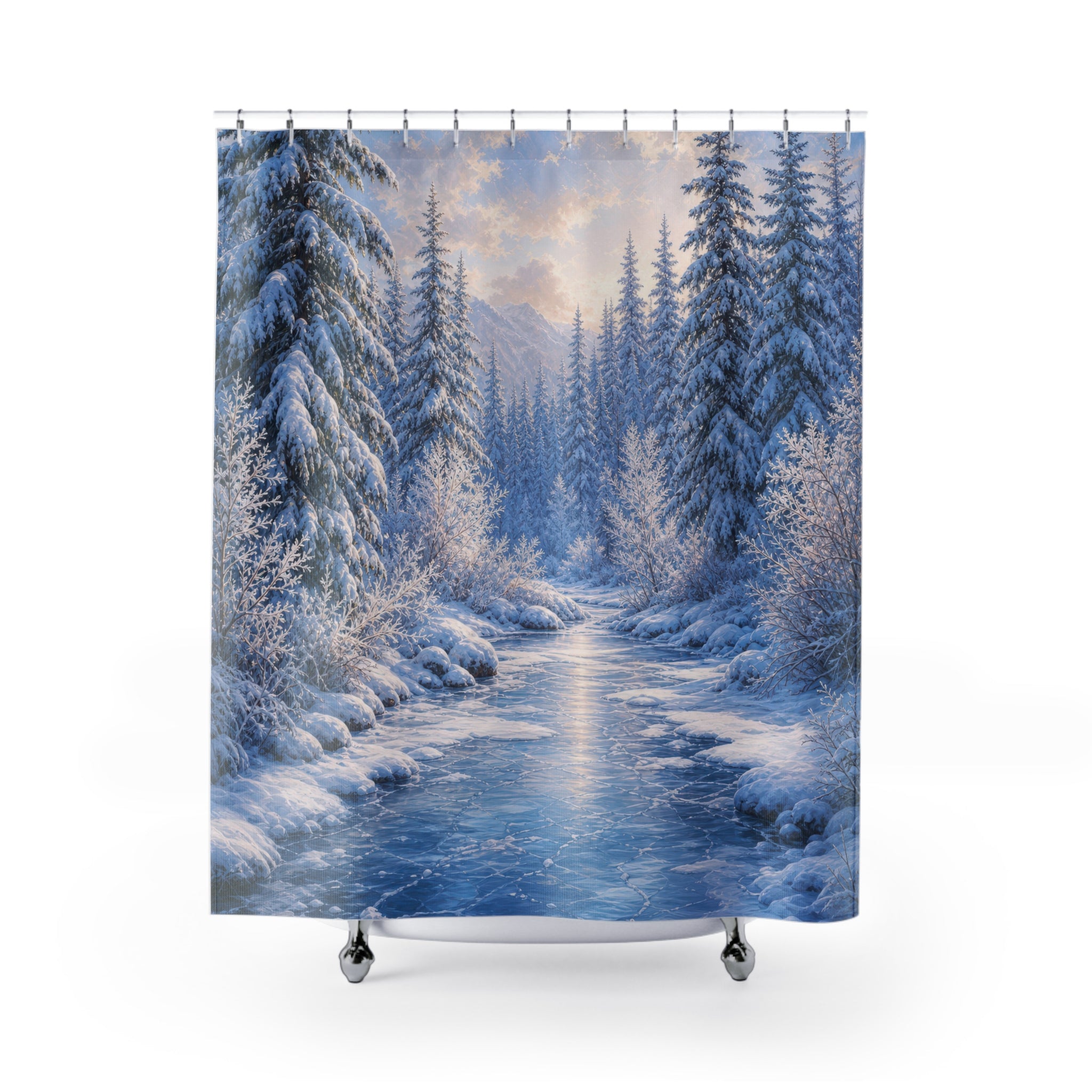 Snowy Spruce Frozen Creek Shower Curtain