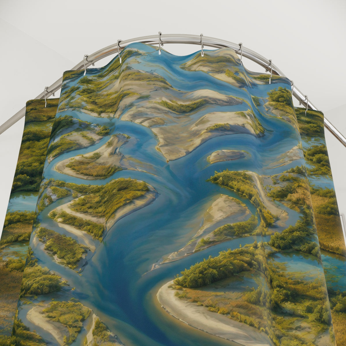Aerial river delta with turquoise braided waterways shower curtain with close-up print, hooks, and folds