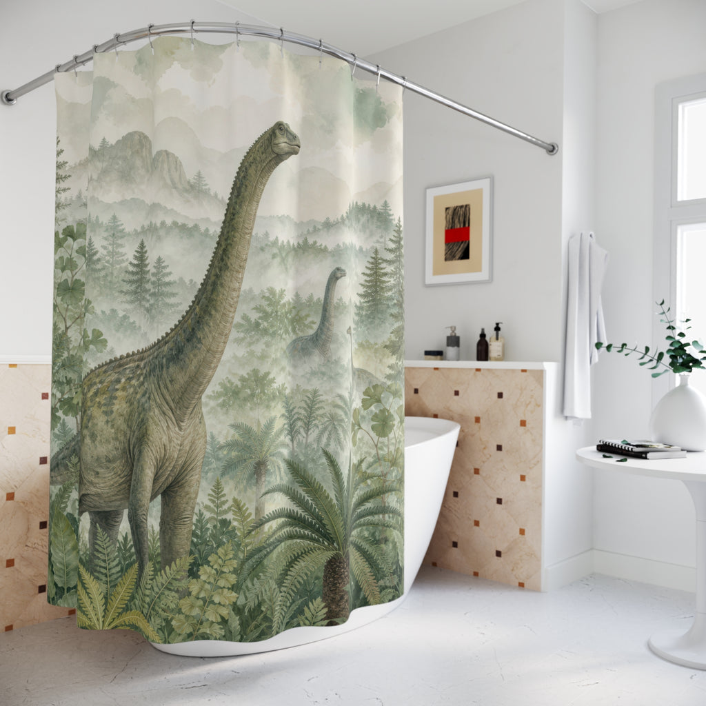 Sage watercolor sauropod family in a misty forest shower curtain beside a freestanding tub