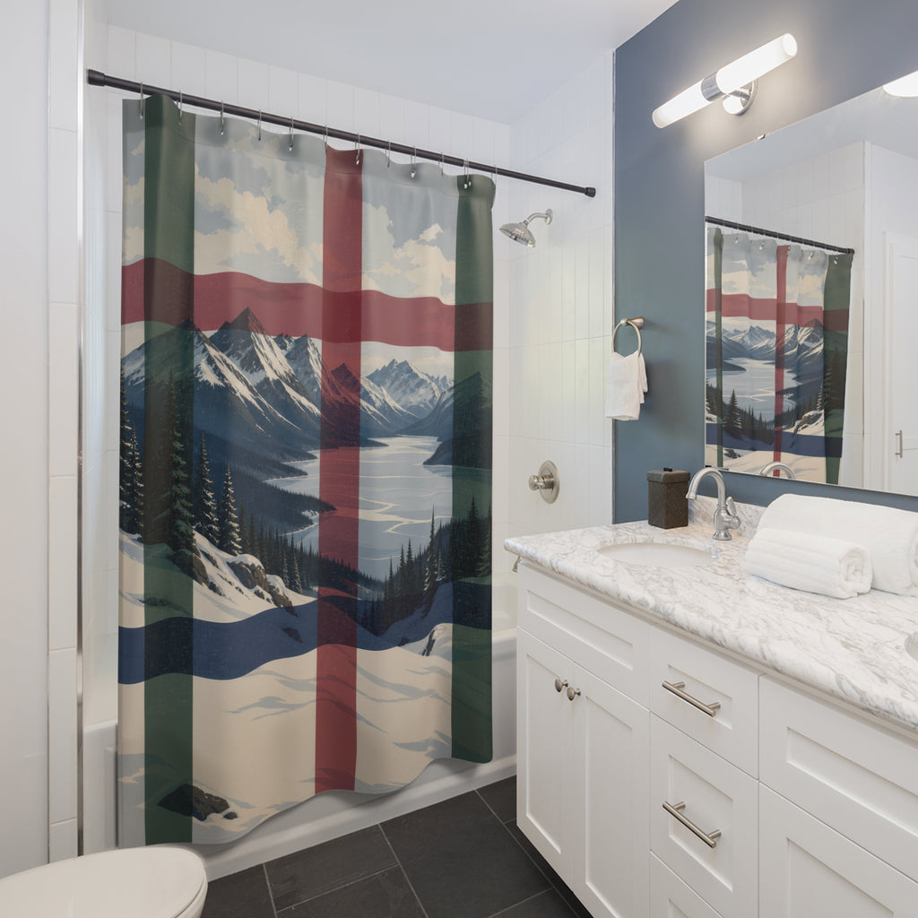 Navy cranberry plaid over a snowy mountain lake shower curtain beside a white vanity