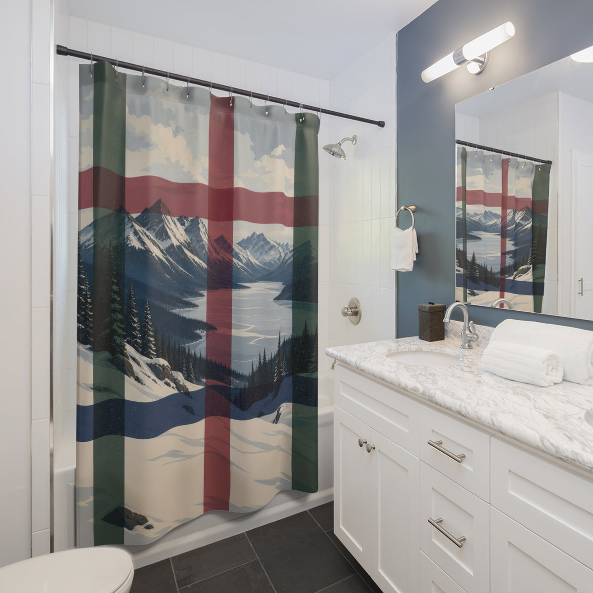 Navy cranberry plaid over a snowy mountain lake shower curtain beside a white vanity