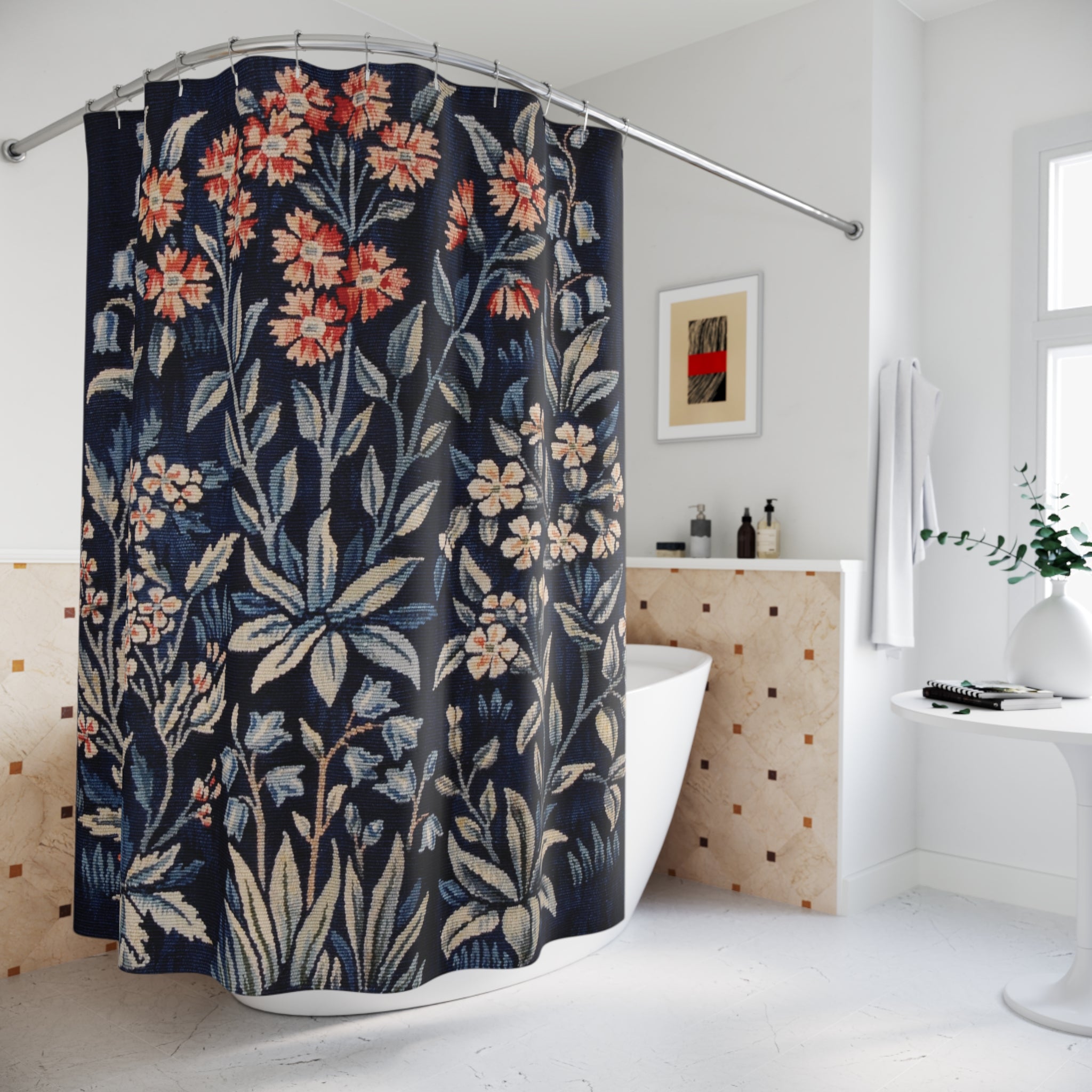 Dark Blue Floral Shower Curtain – Navy Woodland Garden