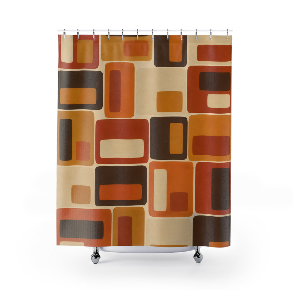 Orange, amber and brown nested rectangles with cream spaces shower curtain with full front view