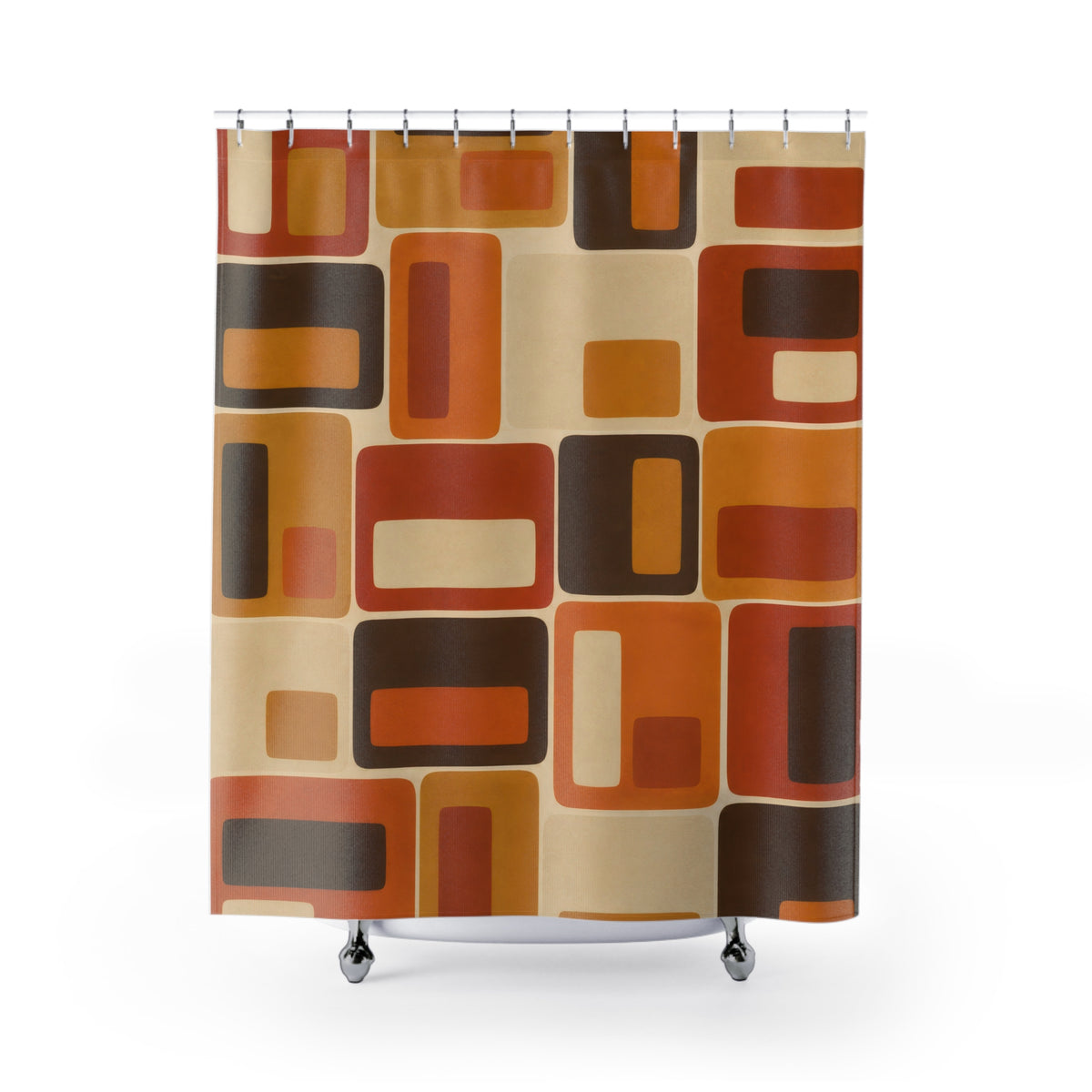 Orange, amber and brown nested rectangles with cream spaces shower curtain with full front view