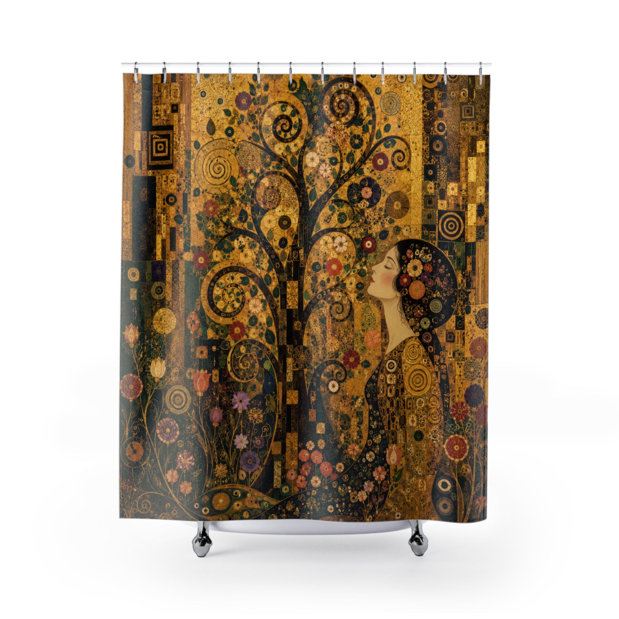 Klimt Inspired Shower Curtain: Gold Tree Life Nouveau