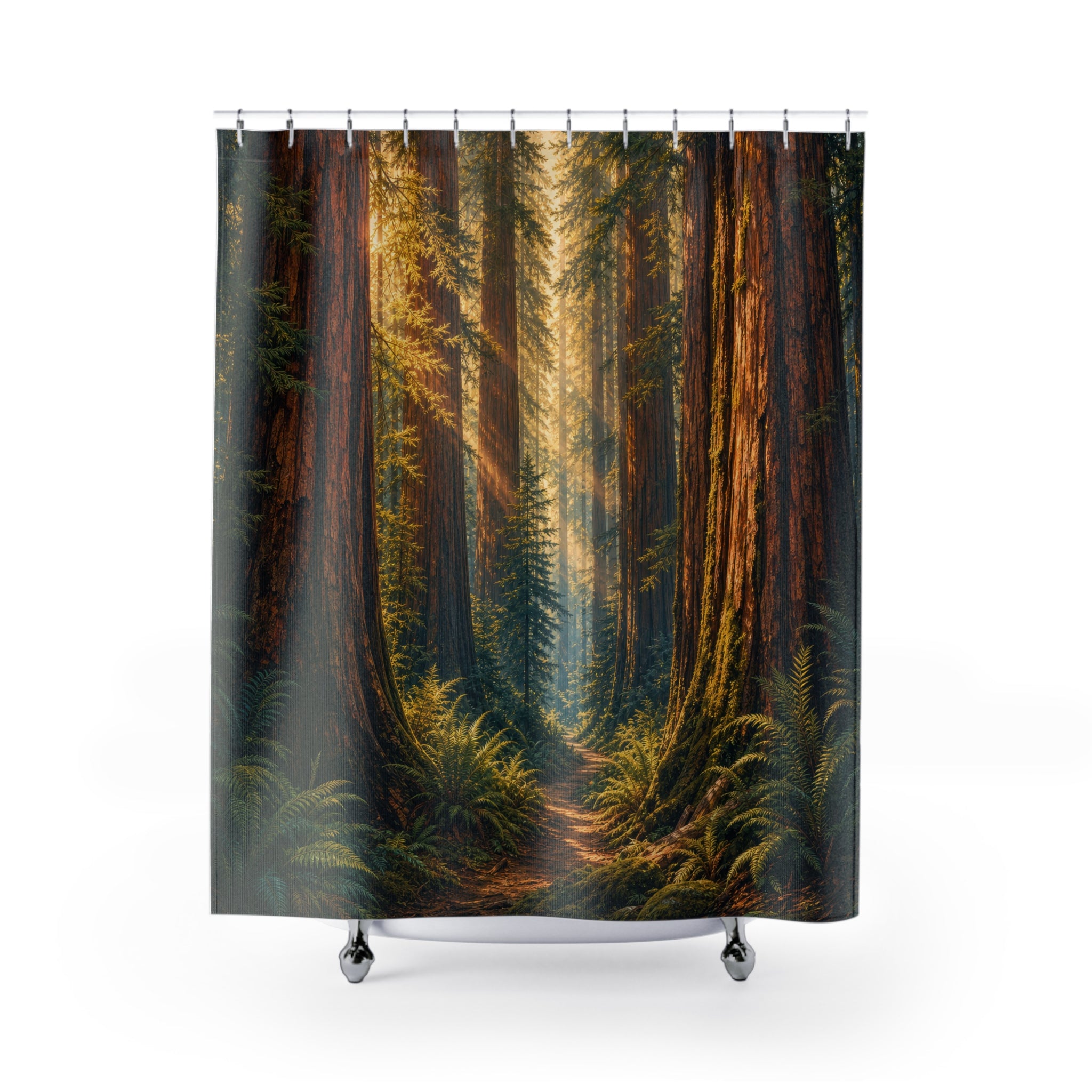 Unique Forest Shower Curtain, Redwood Tree Path Art, Green Woodland Bathroom Decor, Cabin Nature Wall Decor Guest Bath Gift For Home
