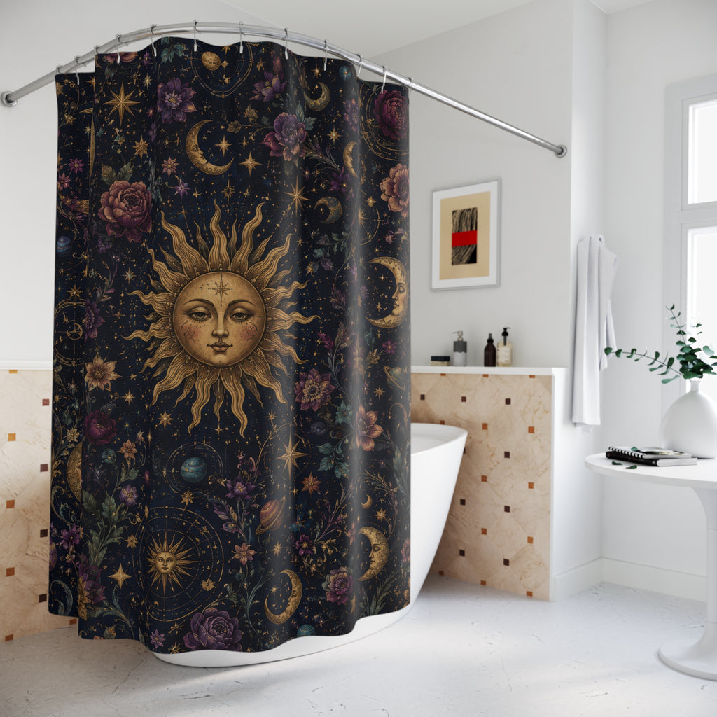 Whimsigoth Shower Curtain: Celestial Floral Moon Sun