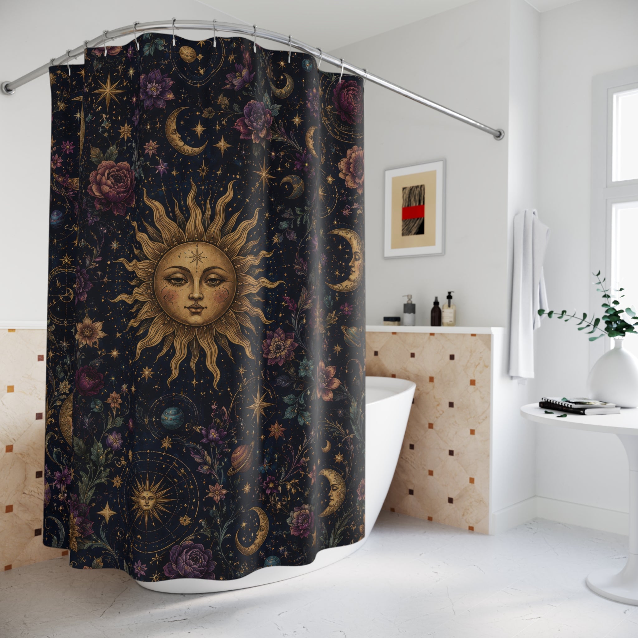 Whimsigoth Shower Curtain: Celestial Floral Moon Sun
