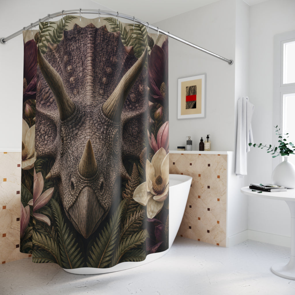Triceratops portrait framed by plum flowers shower curtain styled beside a freestanding tub