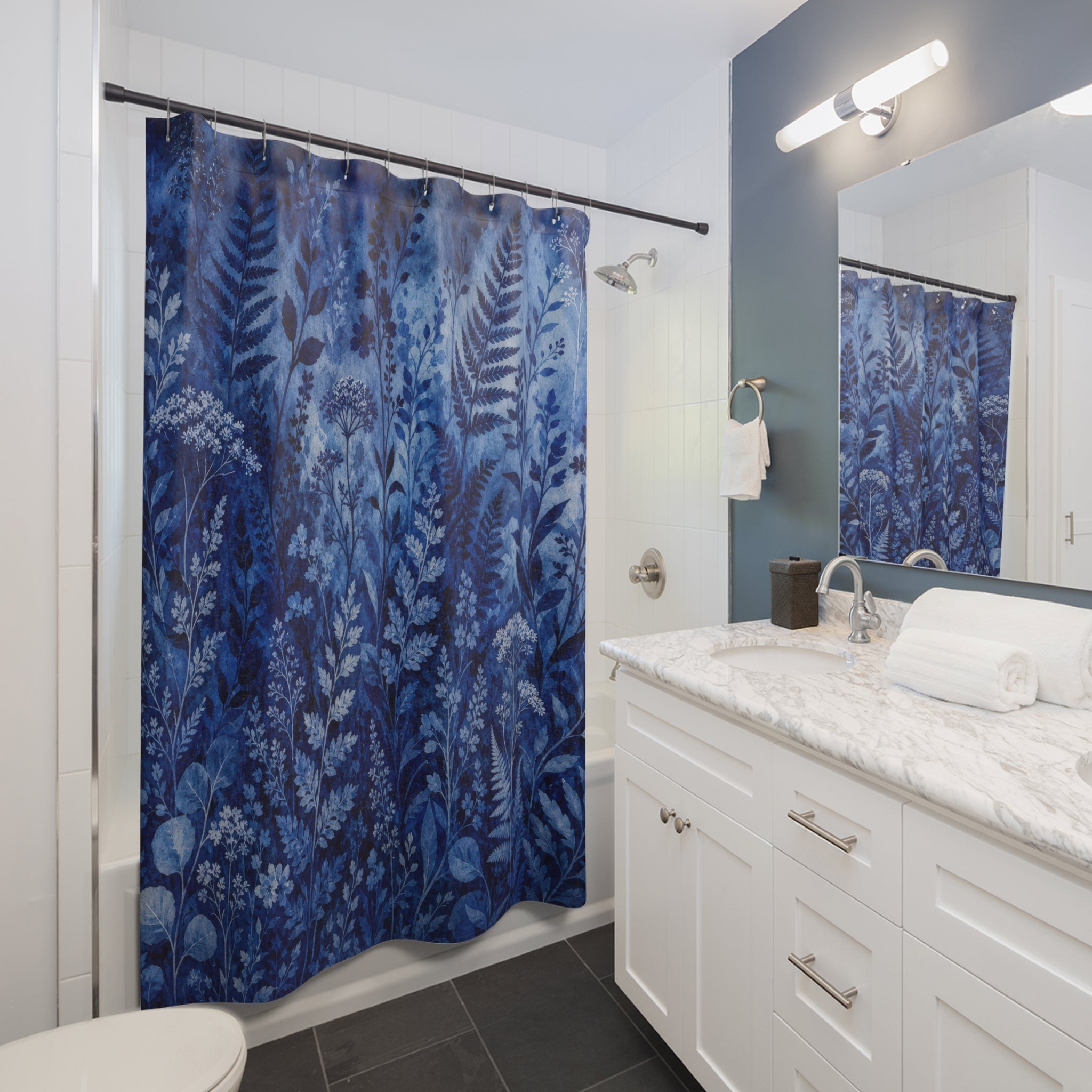 Navy Fern Botanical Shower Curtain, Navy Blue Nature Bathroom Decor, Navy Botanical Bath Curtain, Guest Bath Decor, Small Bathroom Decor