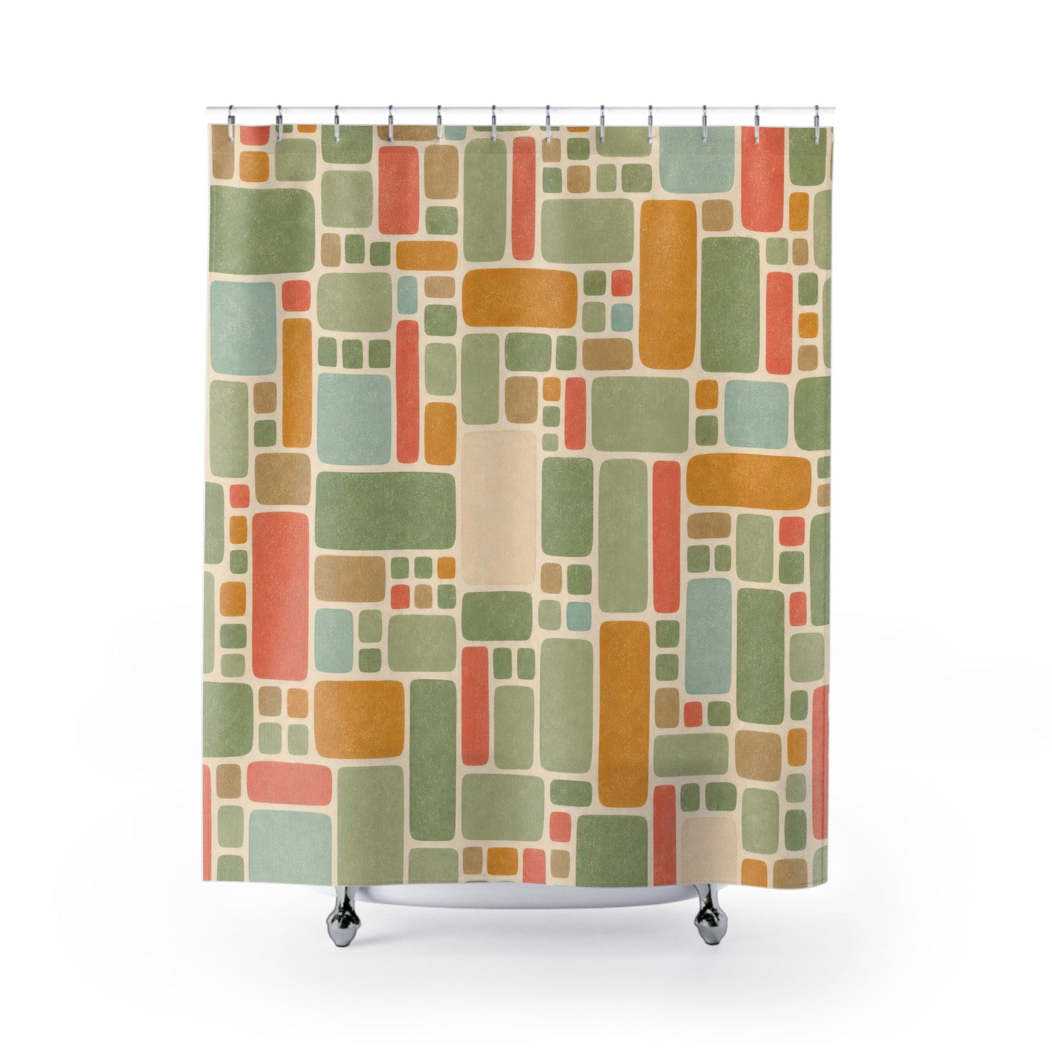 Retro Shower Curtain, Sage Coral Mosaic Tile Pattern, Mid Century Geometric Bathroom Decor, Guest Bath Wall Gift Idea For Home Style