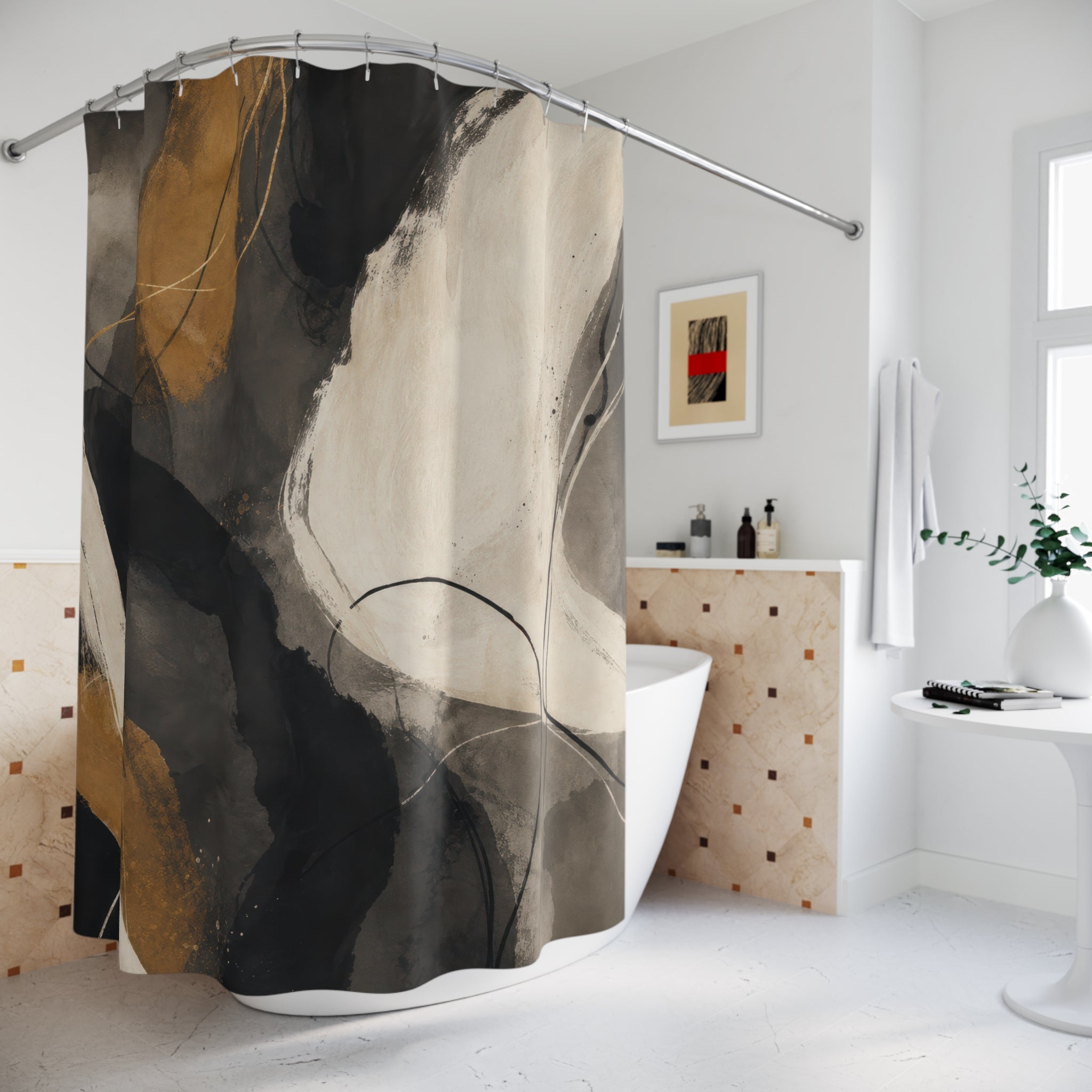 Gold Beige Abstract Brushstroke Shower Curtain