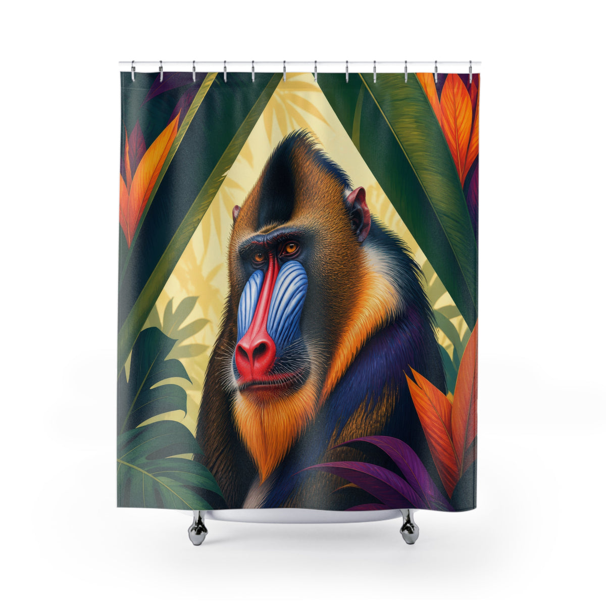 Colorful mandrill animal portrait framed by tropical leaves shower curtain with full front view