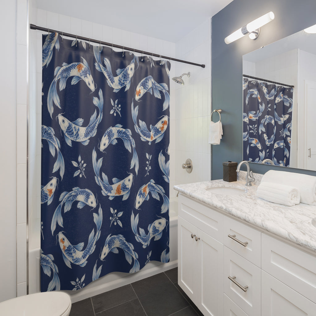 Ivory and blue Chinoiserie koi on indigo shower curtain beside a white vanity
