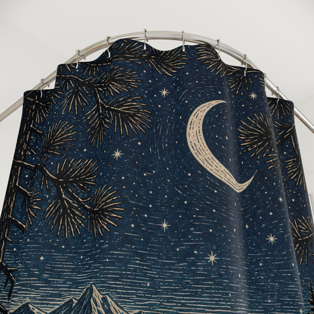 Linocut Moonlit Pine Ridge Shower Curtain