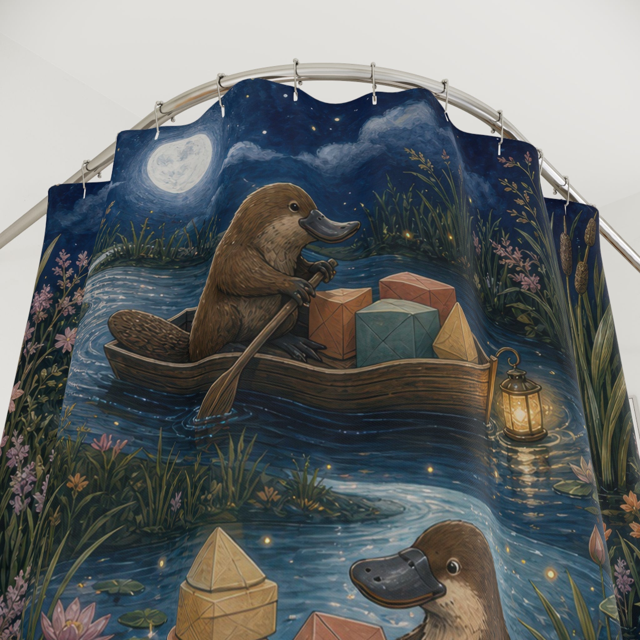 Whimsical platypus postal boats on a moonlit canal shower curtain with close-up print, hooks, and folds